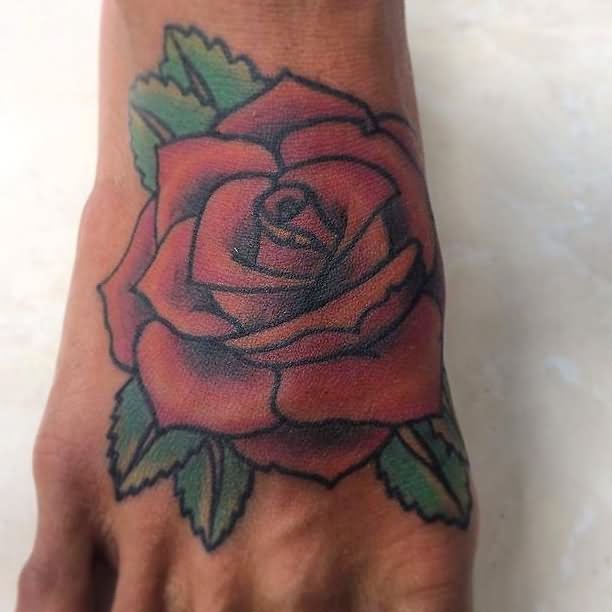 Old School Red rose tattoo on foot by InkArt Bali