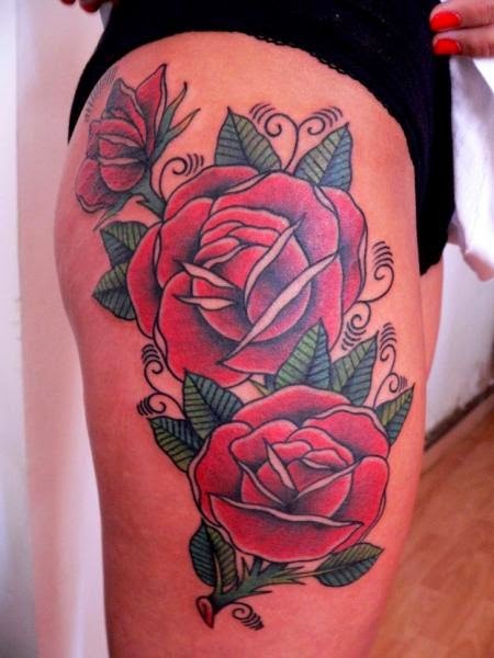 Old School Style Red Roses Tattoos On Women Right Thigh