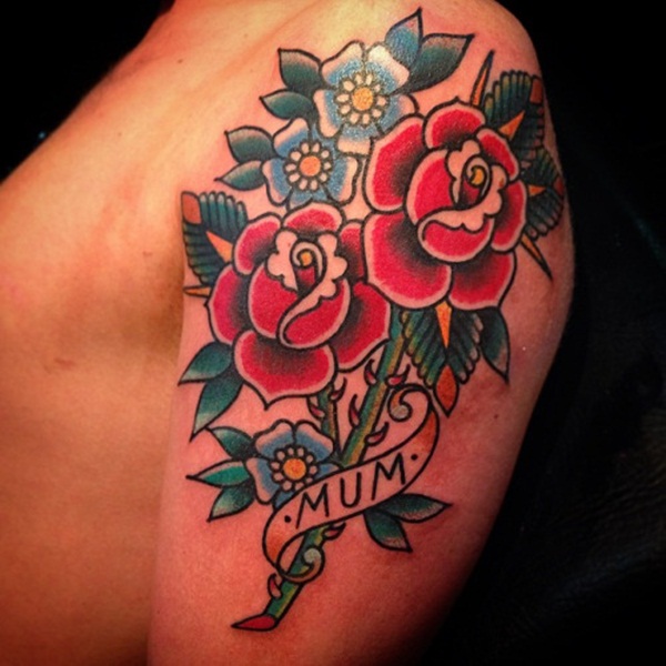 Old school red rose tattoo on shoulder