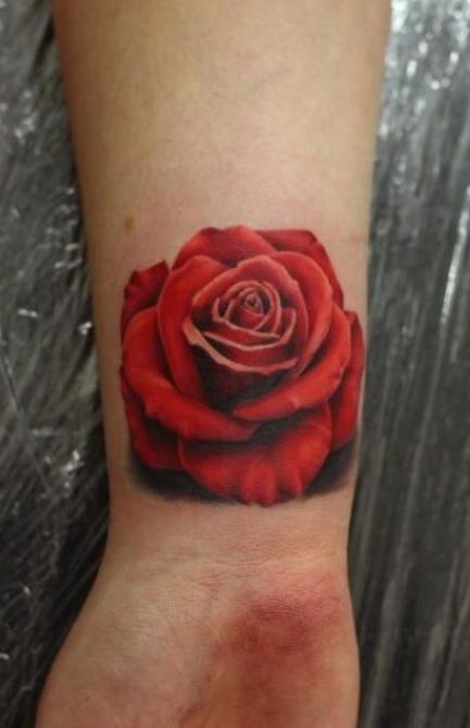 Realistic 3D Red Rose Tattoo On Wrist