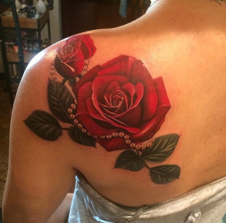 Realistic 3D Red Rose With Green Leaves Tattoo on Girl Back Shoulder