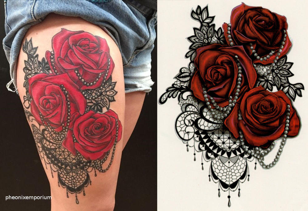 Red Roses with Lace tattoo On Thigh For Girls