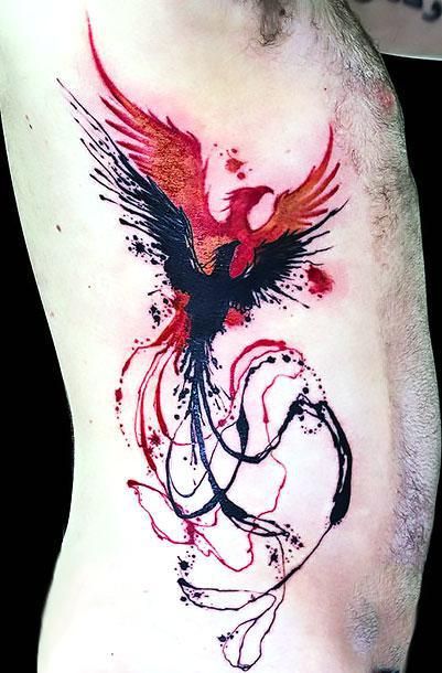 Red and Black Phoenix Side Body Men Tattoo