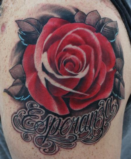 Red rose with grey leaves tattoo by Tim Mcevoy
