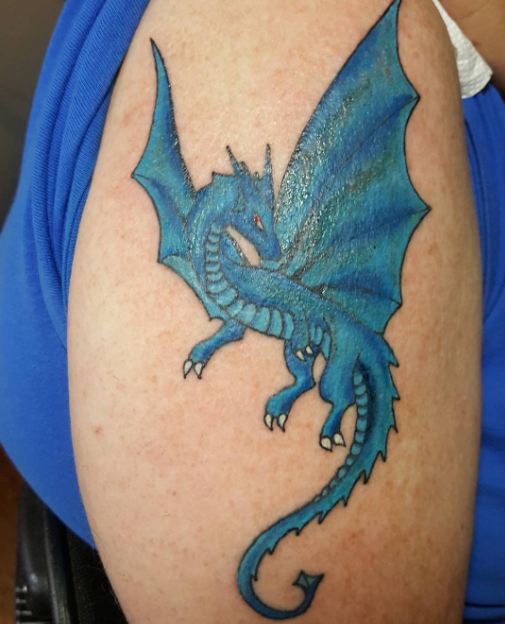 Simple Blue Dragon Tattoo On Half Shoulder
