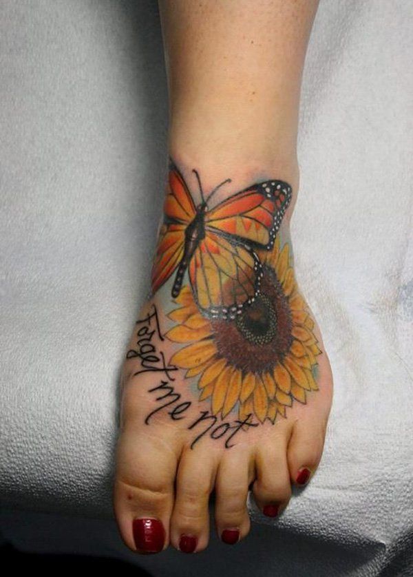 Sunflower and butterfly tattoo on foot