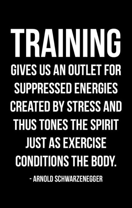 Training gives us an outlet for suppressed energies created by stress and thus tones the spirit just as exercise conditions the body. Arnold Schwarzenegger