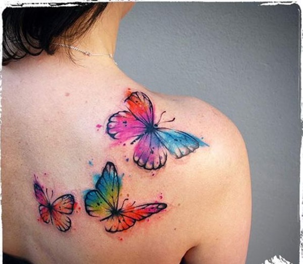Watercolor colorful butterflies tattoo on back