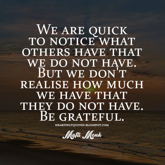 We are quick to notice what others have that we do not have. But we don’t realize how much we have that they do not have. Be grateful. – Mufti Menk