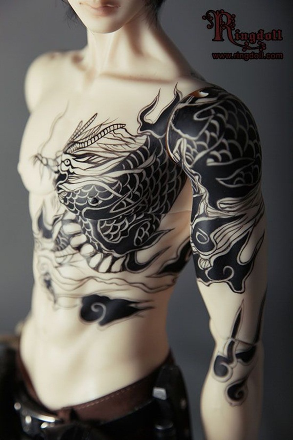 Wonderful Black Ink Dragon Tattoo Design For Male Chest, Shoulder & Sleeve
