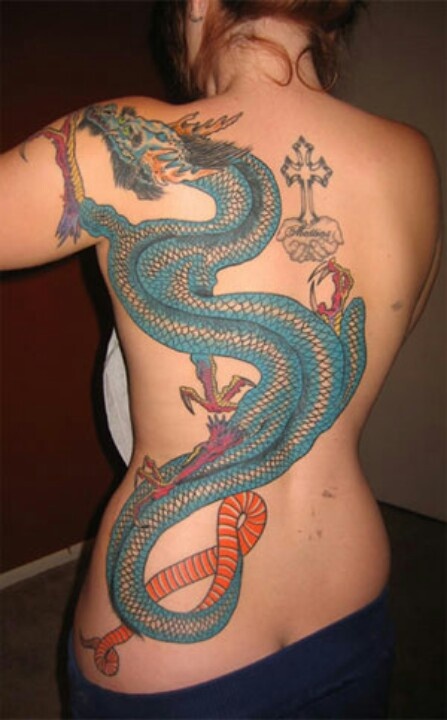 Blue dragon with Celtic cross tattoo on left full back