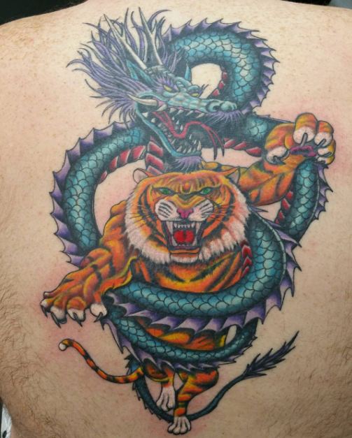 colorful tiger and Chinese dragon tattoo