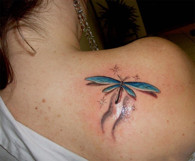 3D Blue Dragonfly Tattoo on Girl Back Shoulder