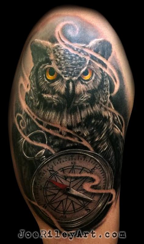 3D Realistic Compass and Owl Tattoo by Joe Riley