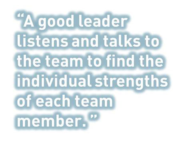 A Good Leader listens and talks to the team to find the individual strengths of each team member