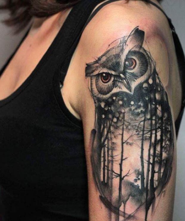 Amazing black and white barn owl tattoo on women half sleeve