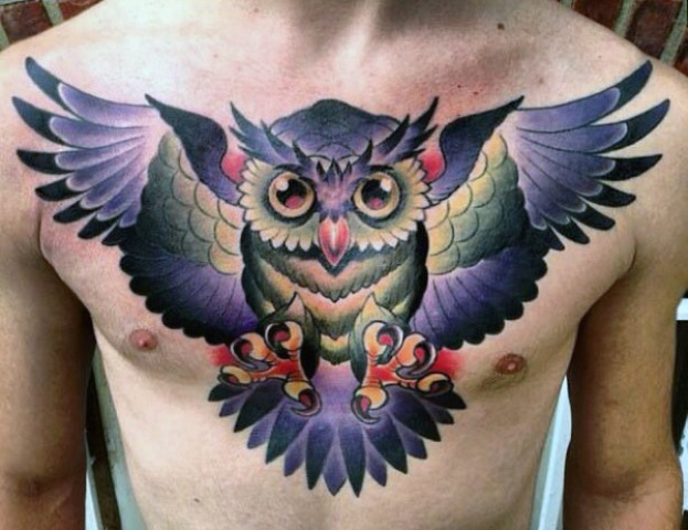 Awesome purple, black and red owl tattoo on men chest