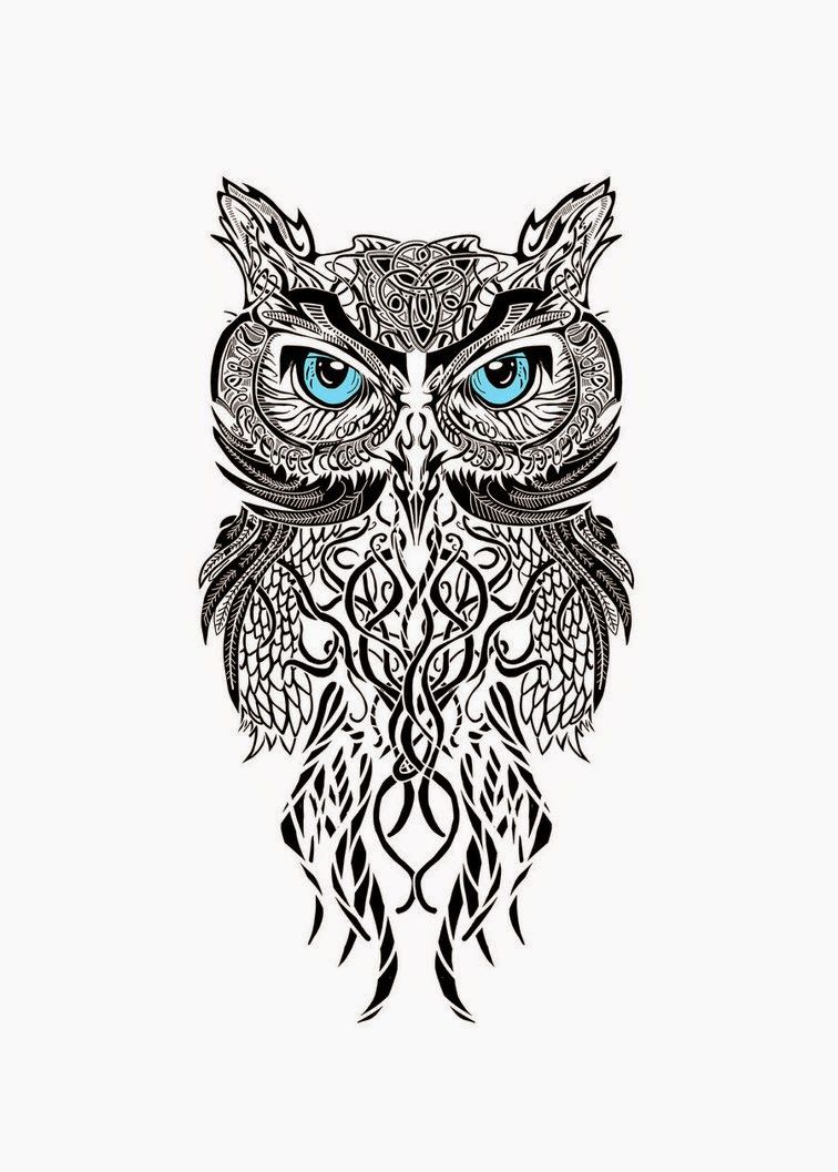 Beautiful Blue eyed tribal owl tattoo design
