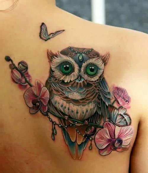 Beautiful Colorful Baby Owl Tattoo On Girl Back Shoulder
