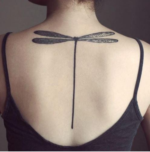 Black Elegant Dragonfly Tattoo On Girl Back