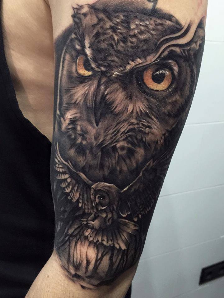 Black Ink Dark Angry Owl Tattoo On Half Sleeve For Men