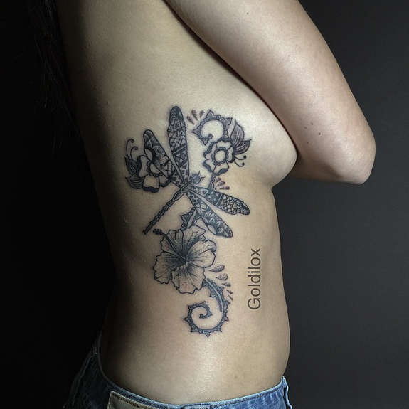 Black Ink Flowers and Dragonfly Side Body Tattoo