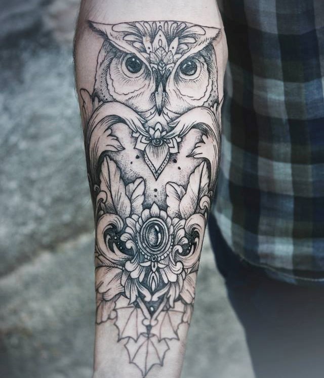 Black & White forearm owl tattoo by Diana Severinenko