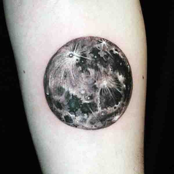 Black and grey 3d full moon tattoo on inner arm