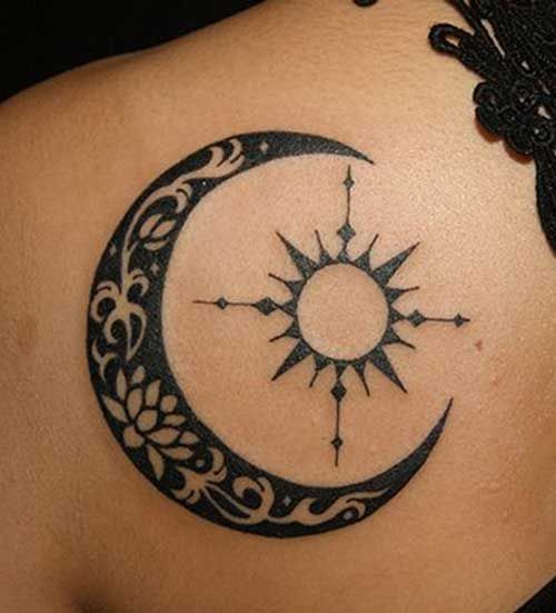 Black half moon and sun tattoo design on upper left back for women