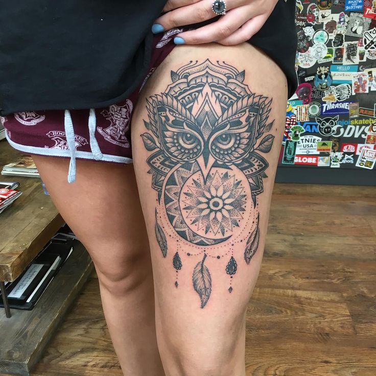 Black ink mandala flower and owl tattoo on thigh for girls