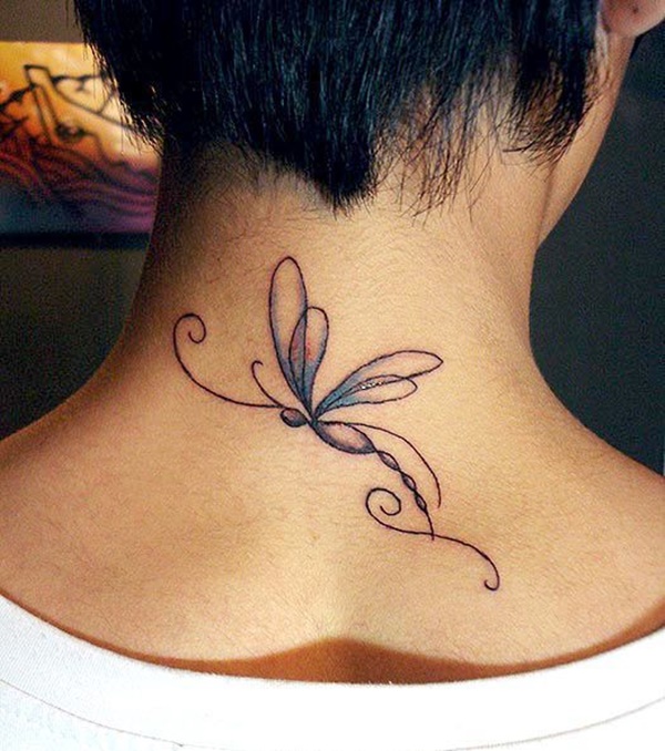 Black outlined dragonfly fairy tattoo on upper mid back for women
