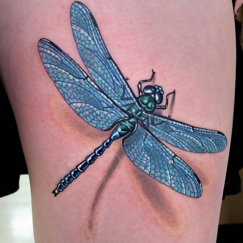 Blue 3d dragonfly tattoo on arm