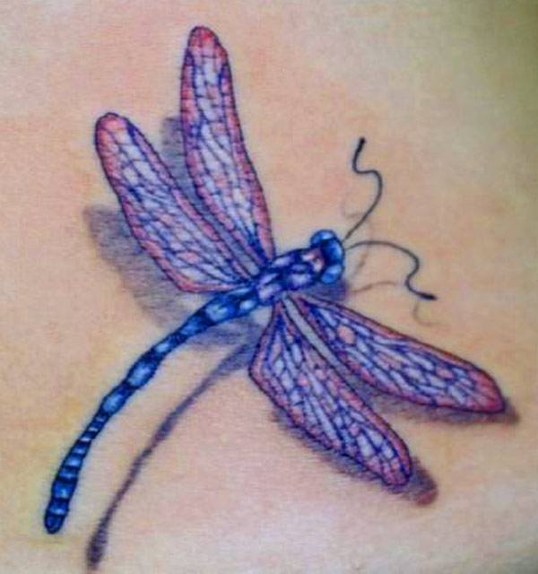 Blue and purple dragonfly tattoo design on body