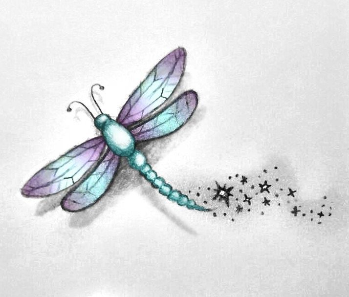 Blue and purple shooting stars and dragonfly tattoo design