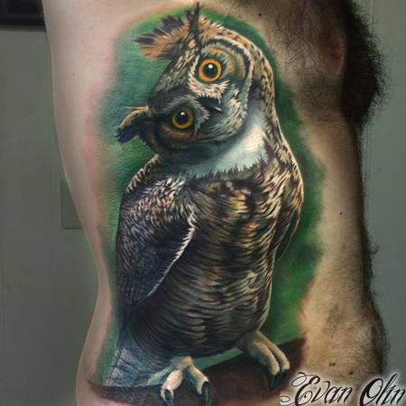 Color realistic owl tattoo on men side body by Evan Olin