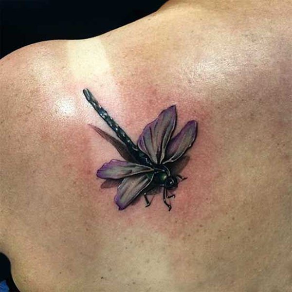 Colored 3d dragonfly tattoo on upper right back shoulder