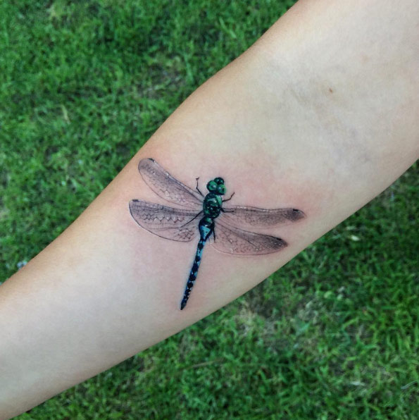Colored dragonfly tattoo on inner arm for women