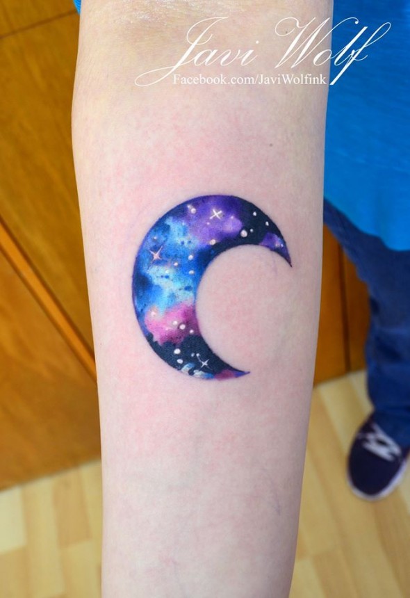 Colored half moon with stars tattoo on inner lower arm
