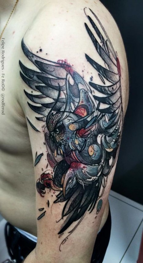 Colorful Traditional Flying Owl Tattoo On Men Half Sleeve