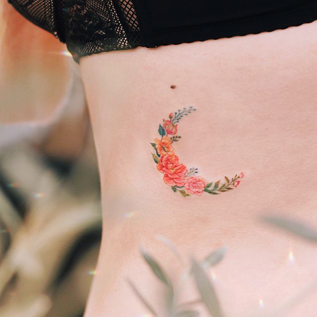 Colorful half floral moon tattoo on body for women
