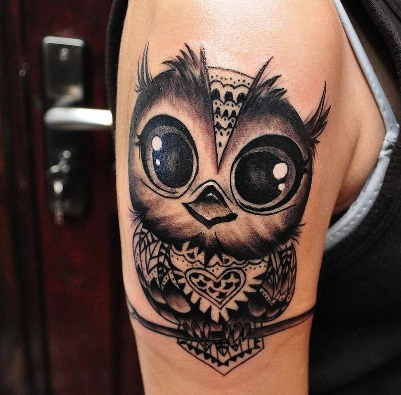 Cute Black Ink Baby Owl Tattoo On Girl Half Sleeve