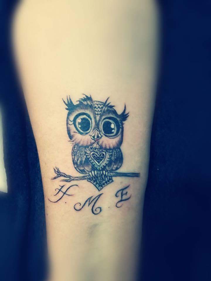Cute Little Baby Owl With Heart And Letters Tattoo For Girls