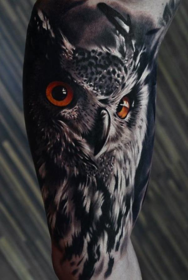 Dangerous Orange Eyed Dark Black Owl Tattoo On Sleeve For Men