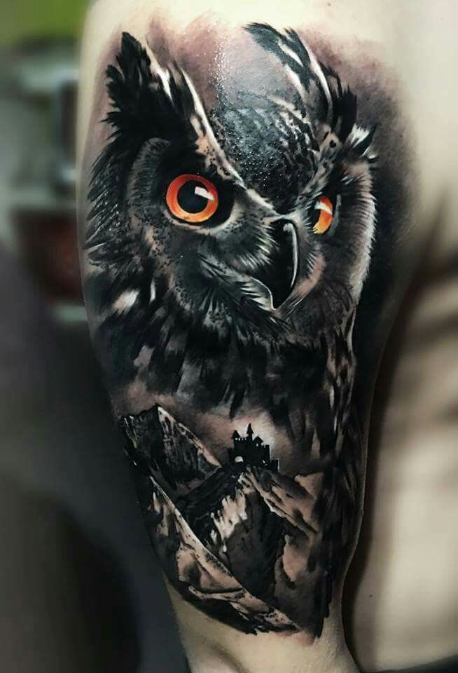 Dark Black Ink Angry Owl With Orange Eyes Tattoo On Half Sleeve For Men