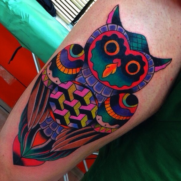 Dark Colorful Barn Owl Tattoo On Leg For Men