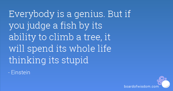Everybody is a genius. But if you judge a fish by its ability to climb a tree, it will spend its whole life thinking its stupid – Einstein