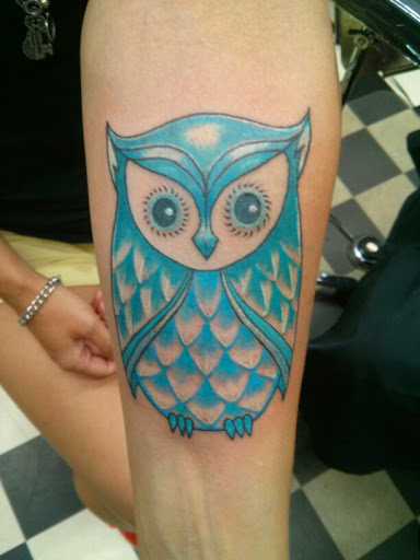 Girly Blue Owl Forearm Tattoo