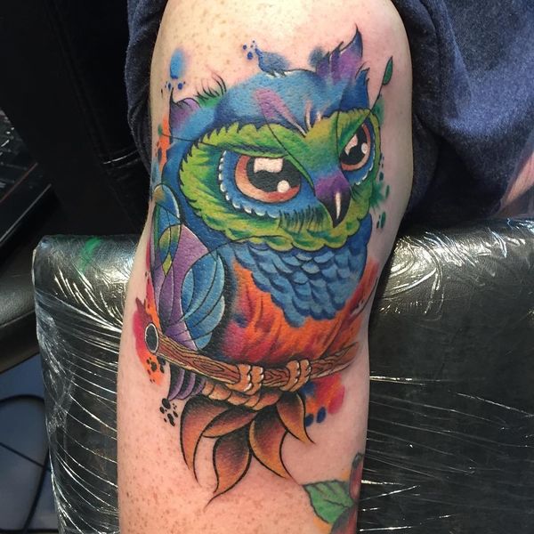 Girly Colorful Owl Tattoo On Arm