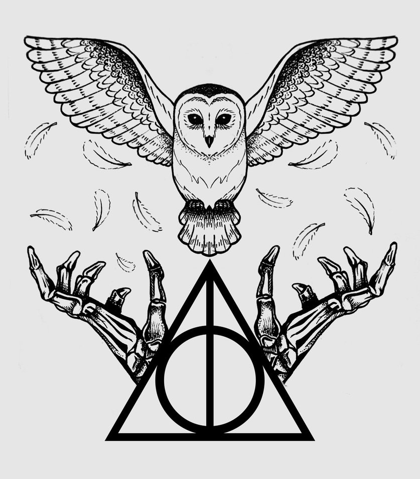 Grey ink flying barn owl with deathly hollows symbol tattoo design