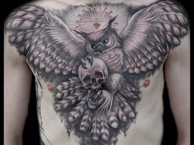 Grey ink full chest skull and owl tattoo for men